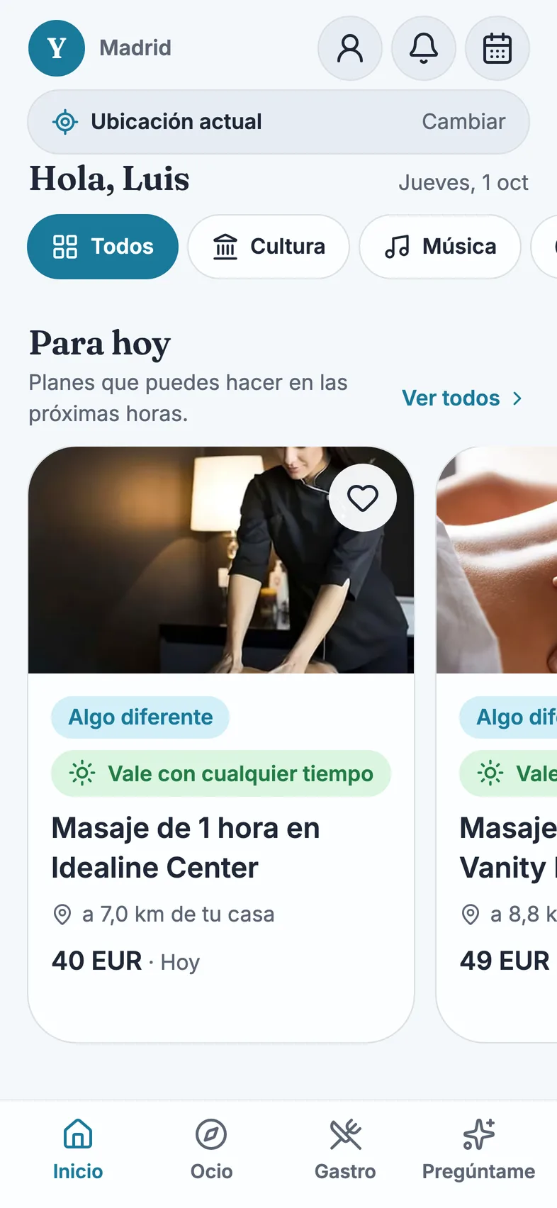 Pantalla de inicio con planes para hoy y categorías