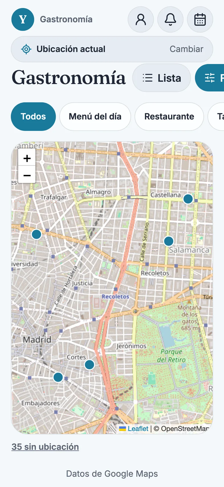 Mapa de Madrid con los restaurantes marcados